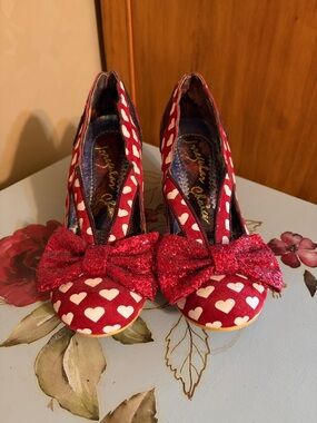 Irregular Choice Red Heart Print Pumps with Glitter Bow Accent